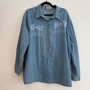 Passion Blue Denim Button Down Shirt Embroidered Bird Print Garden Outdoor 2X